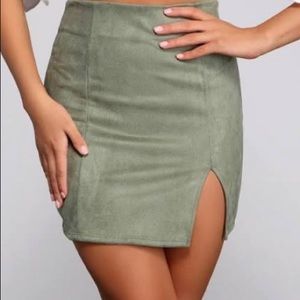 Suede / velvet olive green mini skirt w/ slit